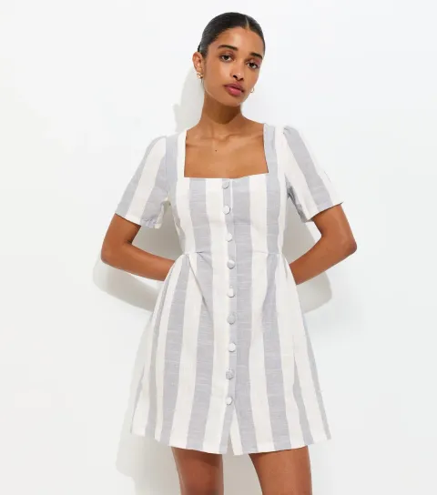 Blue Sailor Stripe Square Neck Button Up Mini Dress