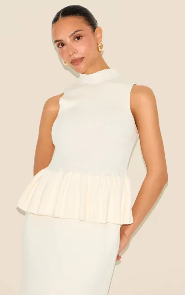 Petite Cream Knitted High Neck Peplum Hem Long Top