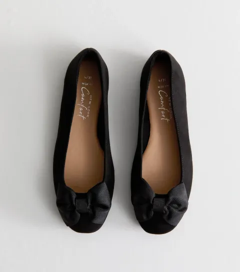Wide Fit Black Faux Suede Bow Detail Ballet Flats