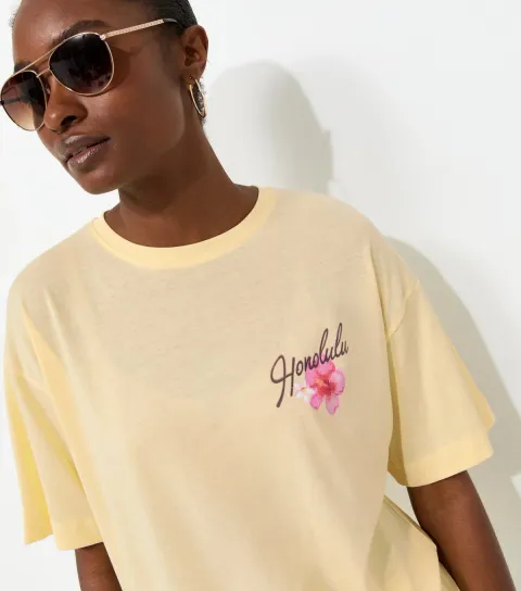Light Yellow Cotton Honolulu Print Oversized T-Shirt