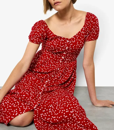 Red Heart Print Button Through Midi Dress