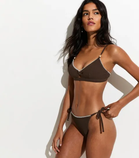 Dark Brown Blanket Stitch Tanga Tie Side Bikini Bottoms