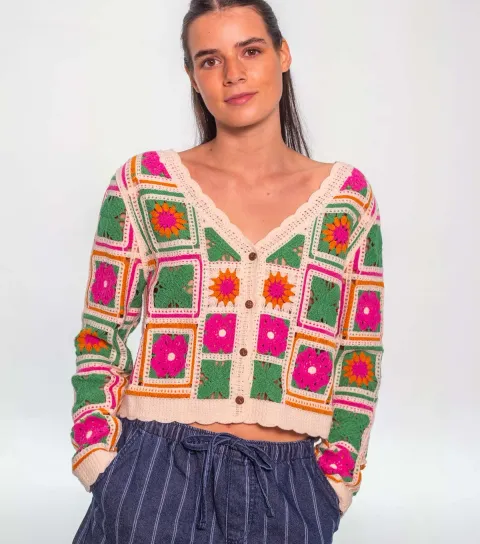 Multicolour Crochet Knit V-Neck Cardigan