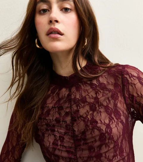 Burgundy Ruched Sheer Unlined Lace Long Sleeve Bodysuit