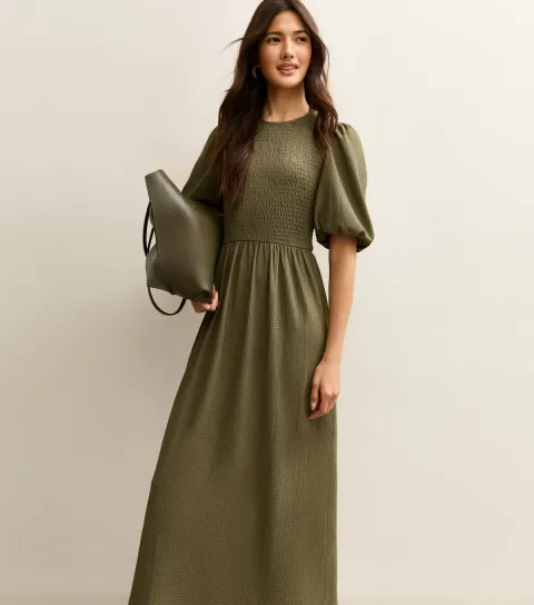 Khaki Textured Jersey Puff Sleeve Smock Midi Dress