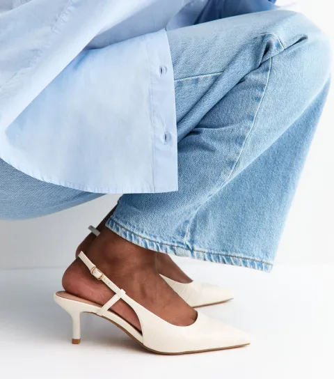 White Faux Leather Croc Embossed Slingback Court Shoes Vegan