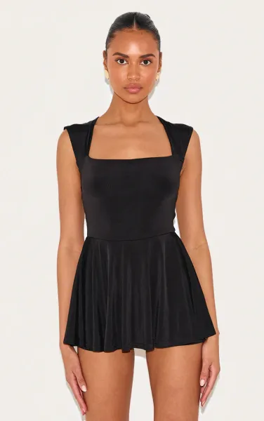 Black Double Layer Slinky Square Cap Sleeve Skort Playsuit