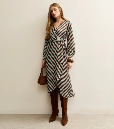 Brown Satin Striped Wrap Midi Dress