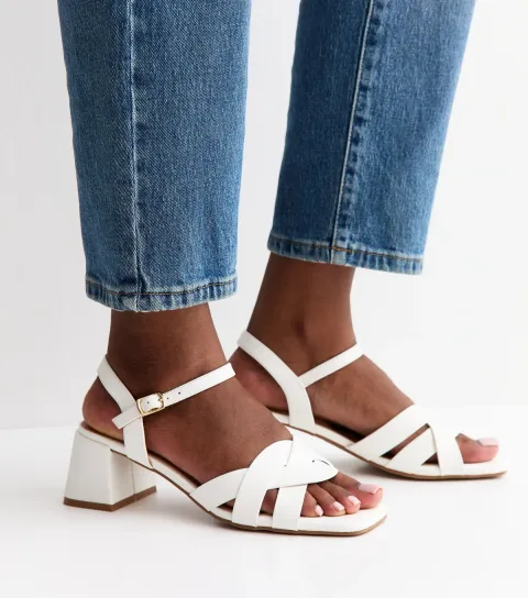 White Faux Leather Interwoven Low Block Heel Sandals Vegan