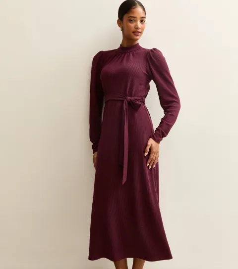 Dark Burgundy Crinkled High Neck Midi Dress