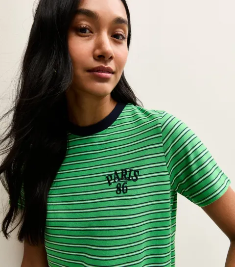 Green Cotton Striped Paris 86 Logo T-Shirt