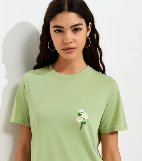 Light Green Cotton Floral Embroidered T-Shirt