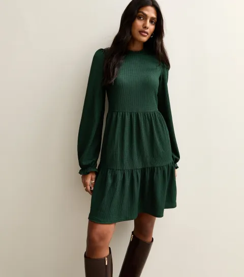Dark Green Smocked Tiered Mini Dress