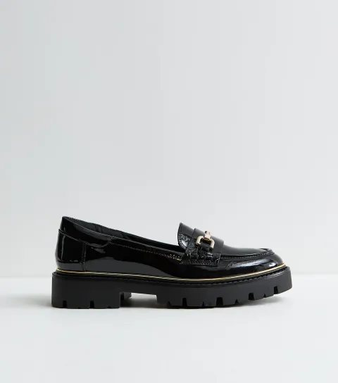 Black Patent Faux Leather Chunky Chain Loafers Vegan