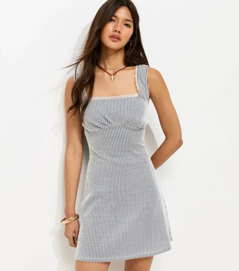 Blue Striped Textured Square Neck Mini Dress