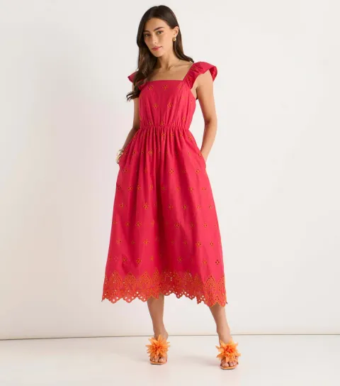 Pink Ruffle Strap Broderie Embroidered Midi Dress