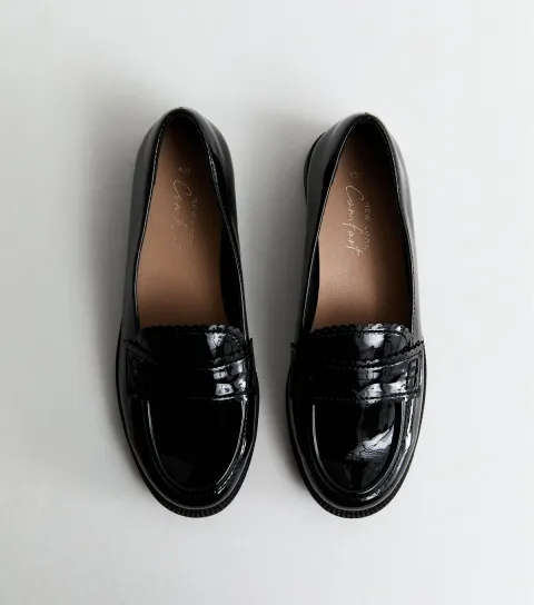 Black Patent Faux Leather Scalloped Loafers Vegan