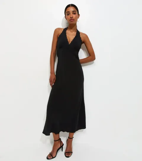 Black Halterneck Lace Trim Midi Dress