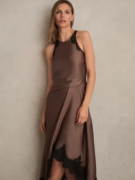 Reiss Anais Satin Drape Lace-Trim Midi Dress
