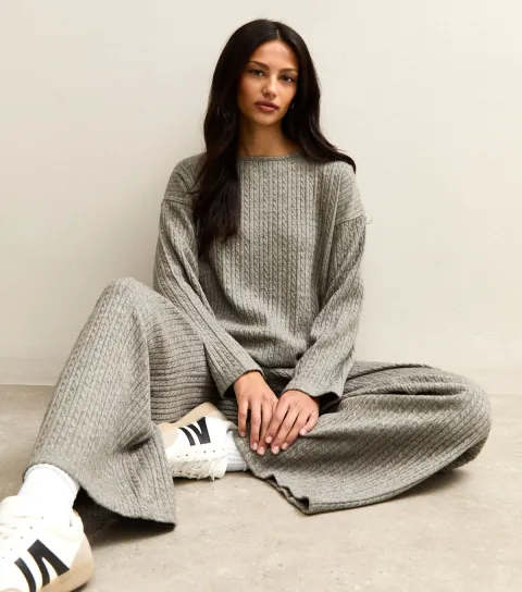 Grey Soft Touch Cable Knit Split Hem Top