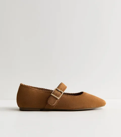Premium Suede Tan Faux Scallop Edge Mary Jane Flats Vegan