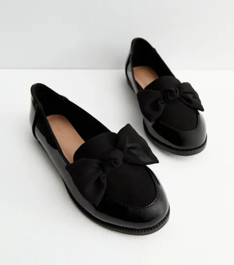 Black Patent Suedette Bow Loafers Vegan
