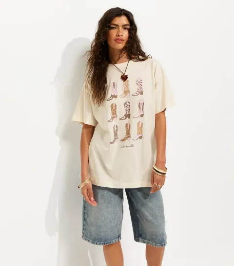 Off White Cotton Cowboy Boot Oversized T-Shirt