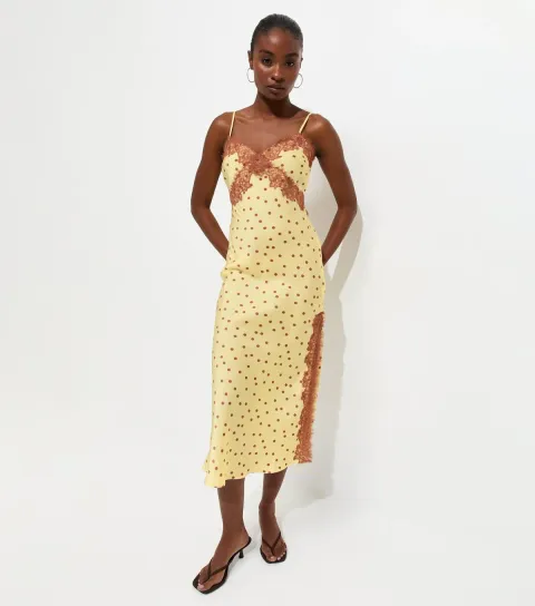 Yellow Lace Trim Polka Dot Cami Midi Dress