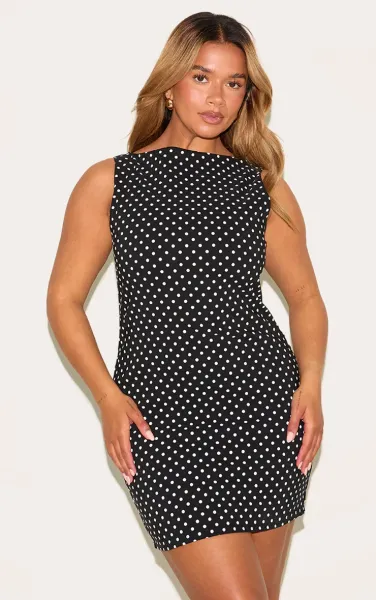 Shape Black Polka Dot Boat Neck Ruched Side Mini Dress