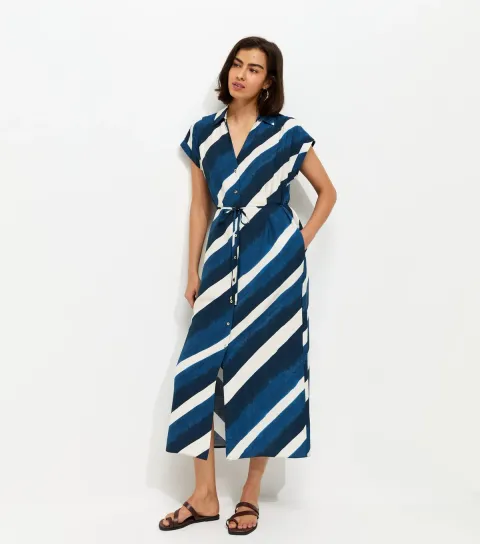 Blue Striped Short Sleeve Midi Shirt Dress