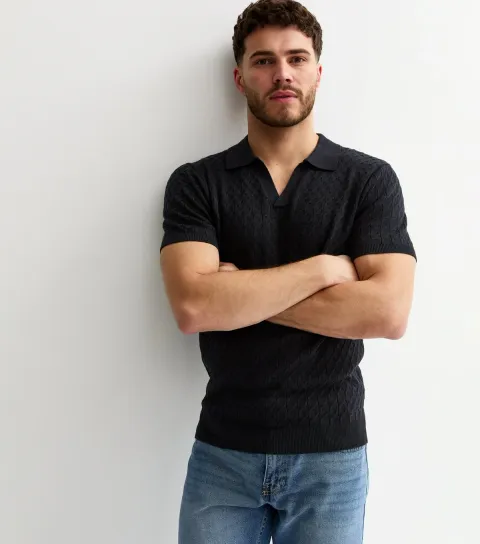 Navy Cable Knit Collared Polo Shirt