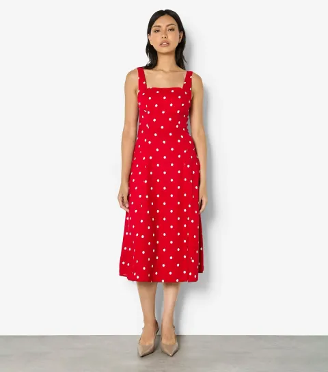 Red With Linen Polka Dot Print Midi Dress