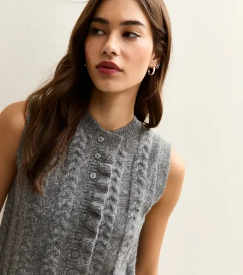 Grey Cable Knit Frill Trimmed Waistcoat