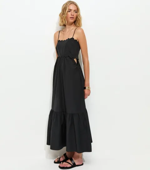Black Scalloped Edge Strappy Poplin Midi Dress