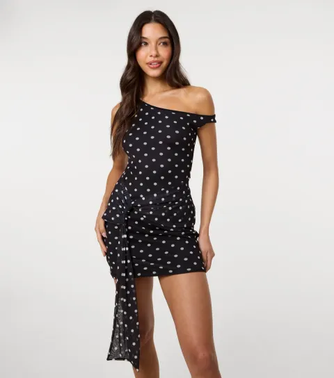 Black Polka Dot Off The Shoulder Mini Dress