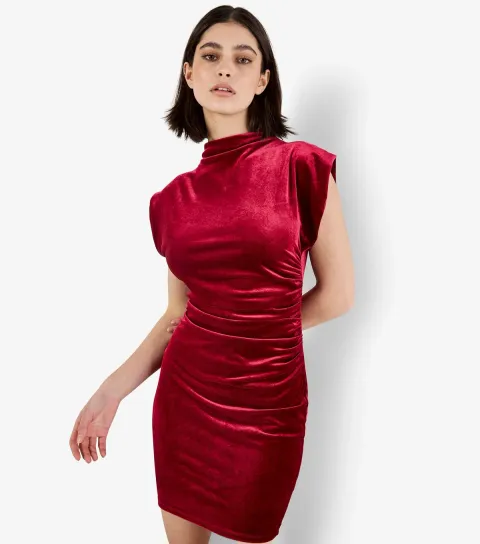 Red Velvet Cowl Neck Ruched Mini Dress