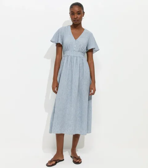 Light Blue Frill Sleeve V Neck Midi Dress