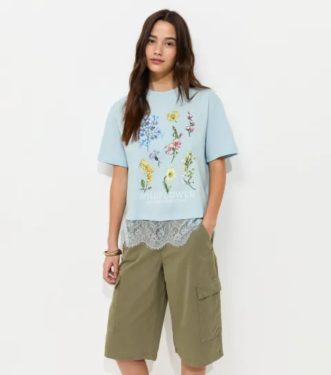 Light Blue Cotton Wildflower Lace Hem Boxy T-Shirt