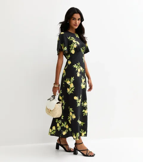 Black Lemon Print Flutter Sleeve Midi Dress
