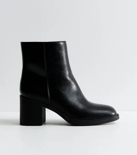 Black Faux Leather Block Heel Square Toe Ankle Boots