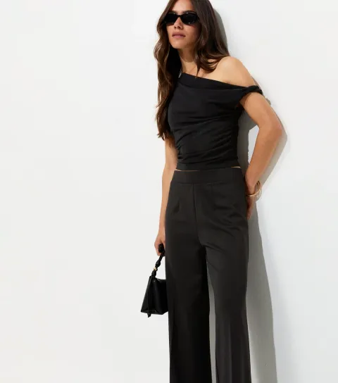 Petite Black Jersey Wide Leg Trousers
