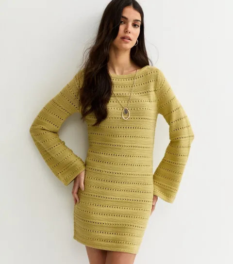 Green Cotton Rich Pointelle Slash Neck Mini Dress
