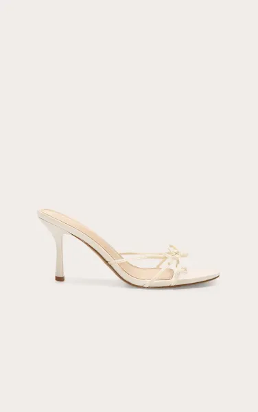 Ivory Satin Round Toe Bow Detail Mid Stiletto Heeled Mules