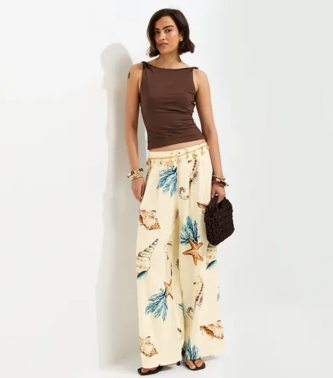 Cream Linen Rich Seahorse Print Wide Leg Trousers
