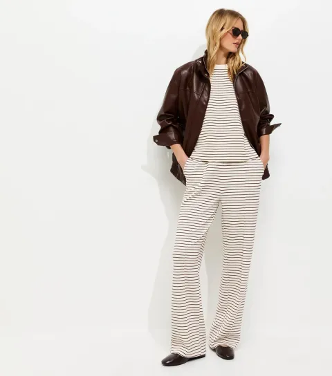 Tall Premium Brown Heavyweight Cotton Striped Wide Leg Trousers