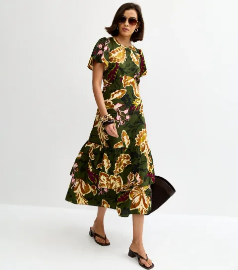 Green Crepe Floral Short Sleeve Tiered Midi Dress