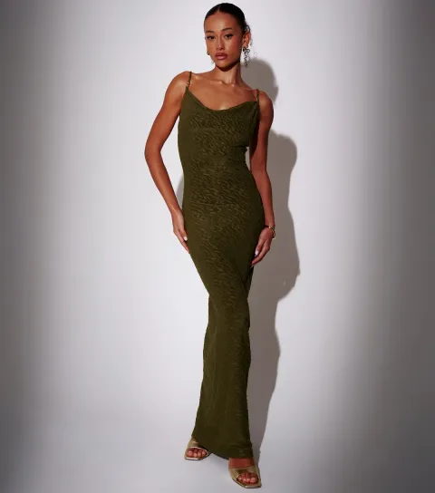 Khaki Textured Cowl Neck Maxi Dress