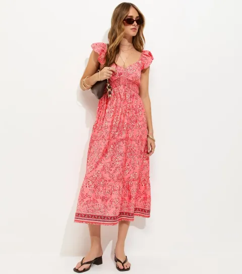 Pink Floral Print Crepe Frilly Sleeve Midi Dress