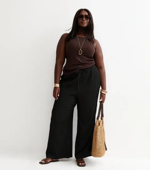 Plus Size Black Crinkled Jersey Wide Leg Trousers Curves