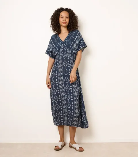 Navy Embellished Shirred Waist Midi Dress